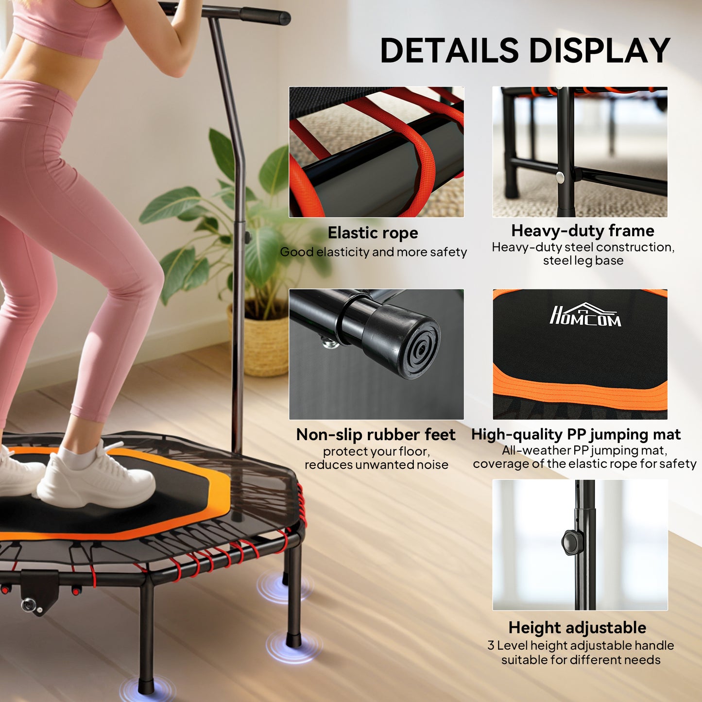Fitness Trampoline, Bouncer With Adjustable Handle, Max Load 150 Kg