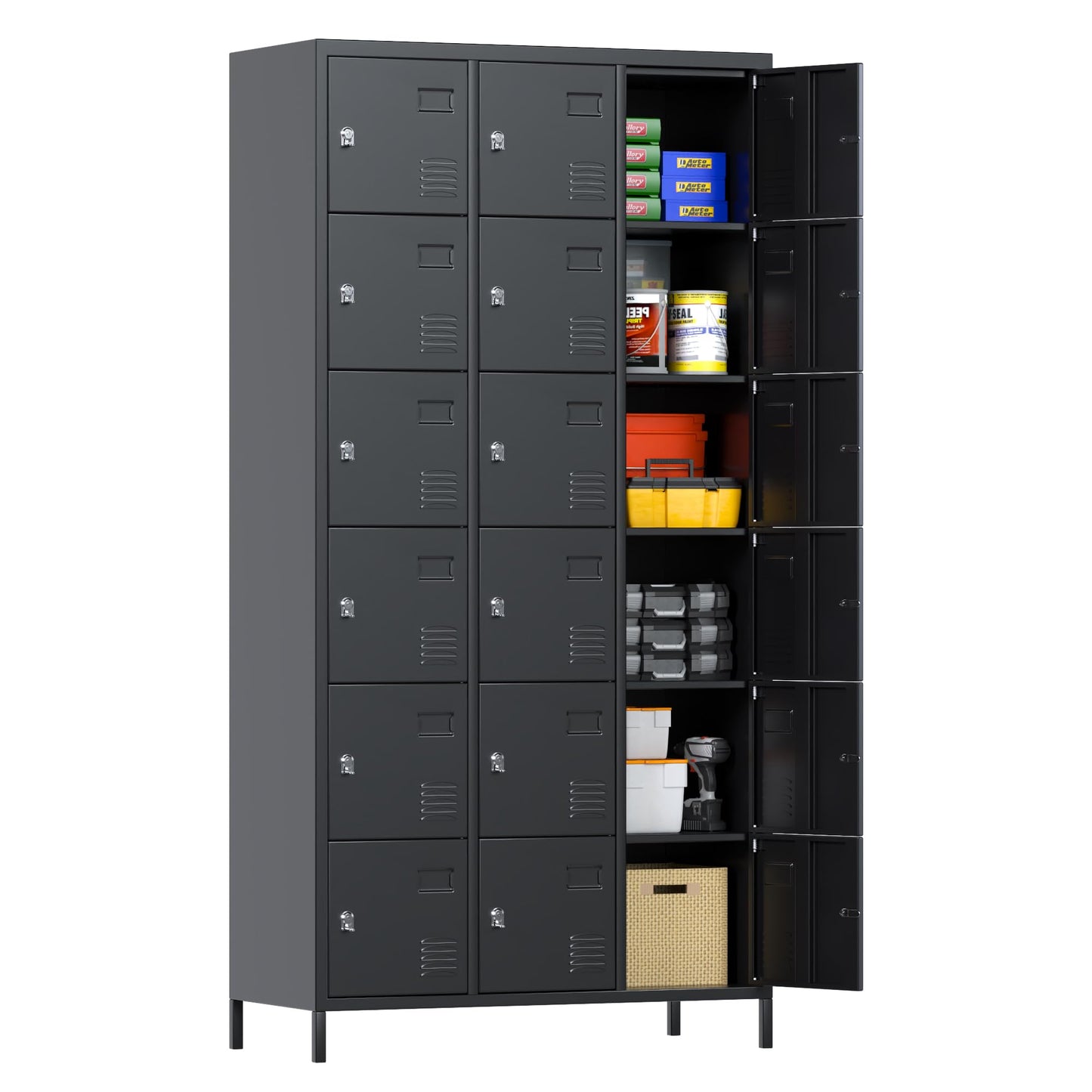 Lockers For Employees, 18 Doors Metal Storage Locker With Card Slot And Ventilation Holes For Office Home School Gym Garage, Black, Assembly Required
