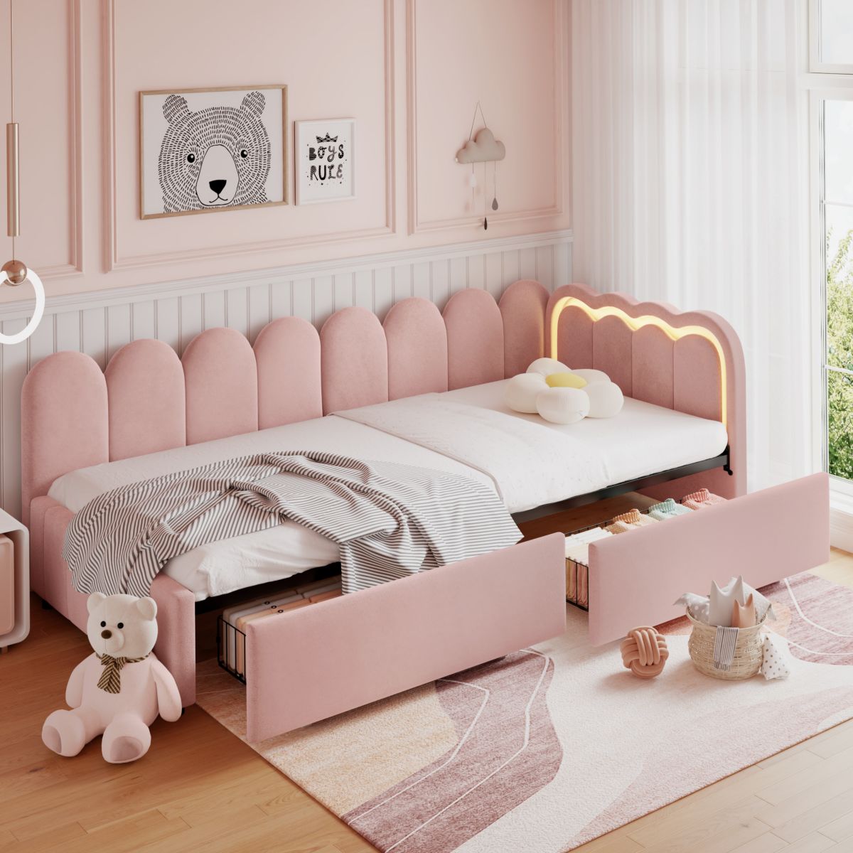 3ft Single Daybed With Smart RGB LED Lights And 2 Storage Drawers, Modern Velvet Youth Bed With Scalloped Backrest And Wooden Slats, Reversible Side Panel, Easy Assembly, Pink  No Mattress