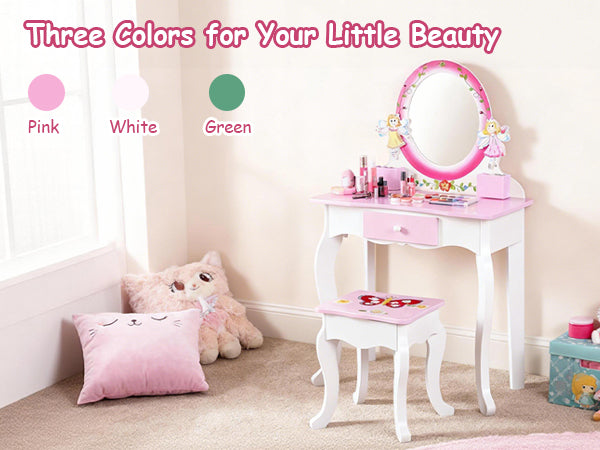 Kids Vanity Set Floral Printed Wooden Makeup Dressing Princess Table With Mirror And Stool For Role Playing Pink