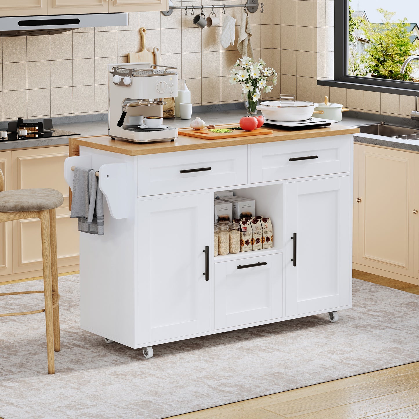 Kitchen Trolley Modern Nordic Style With 360 Universal Wheels, Storage Shelf With Drawers & Towel Rail, Folding Tray & Silent Spring Lock, Flexible Storage Design