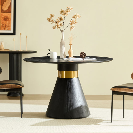 47.24   Round Dining Table Modern Kitchen Table Black Pedestal Base With Gold Trim Ring, Stylish Glam Dining Room Furniture