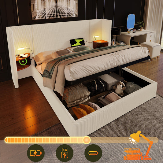 Upholstered Bed Double Bed 160x200 With Bedside Table, Reading Lamp And USB Type-C Charging Function, Bed System Storage Bed Frame With Slatted Frame Made Of Solid Wood And Metal, Beige-white, Corduro