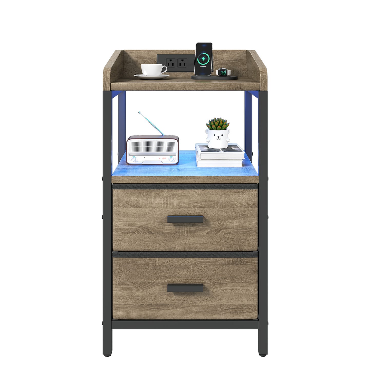 Nightstand With Charging Station Modern Bedside End Side Table With Guardrail Storage Shelf 2 Fabric Drawers USB Ports AC Outlets