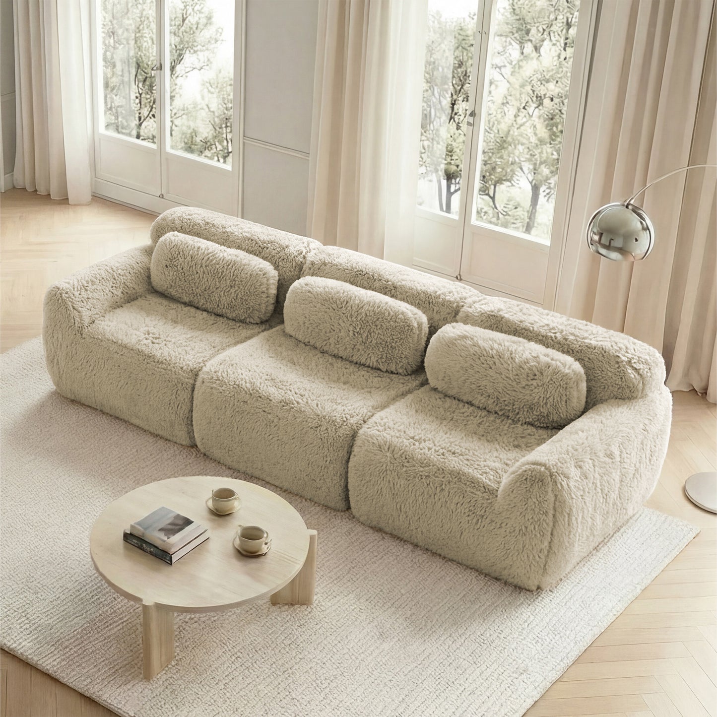 3-seater Low Sofa, Premium Plush Fabric, Modular, Non-slip Floor, No Assembly, With Cushions. Ergonomic Support, High-resilience Foam, Suitable For Living Room, Light Khaki