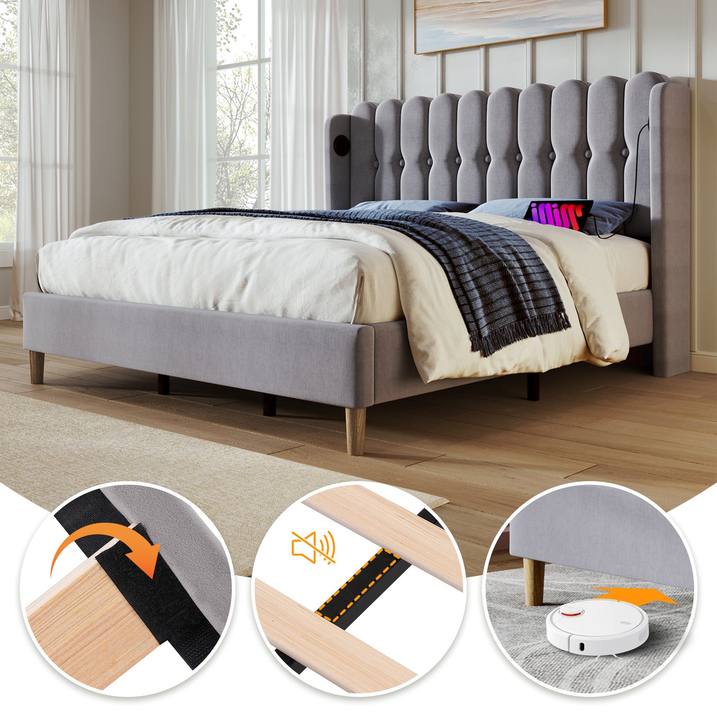 Upholstered Bed Double Bed With USB Type C Charging Function, Bed Frame With Slatted Base, Upholstered Bed In Grey, 180 X 200 Cm Bed Frame Youth Bed For Bedroom Guest Room Linen Material