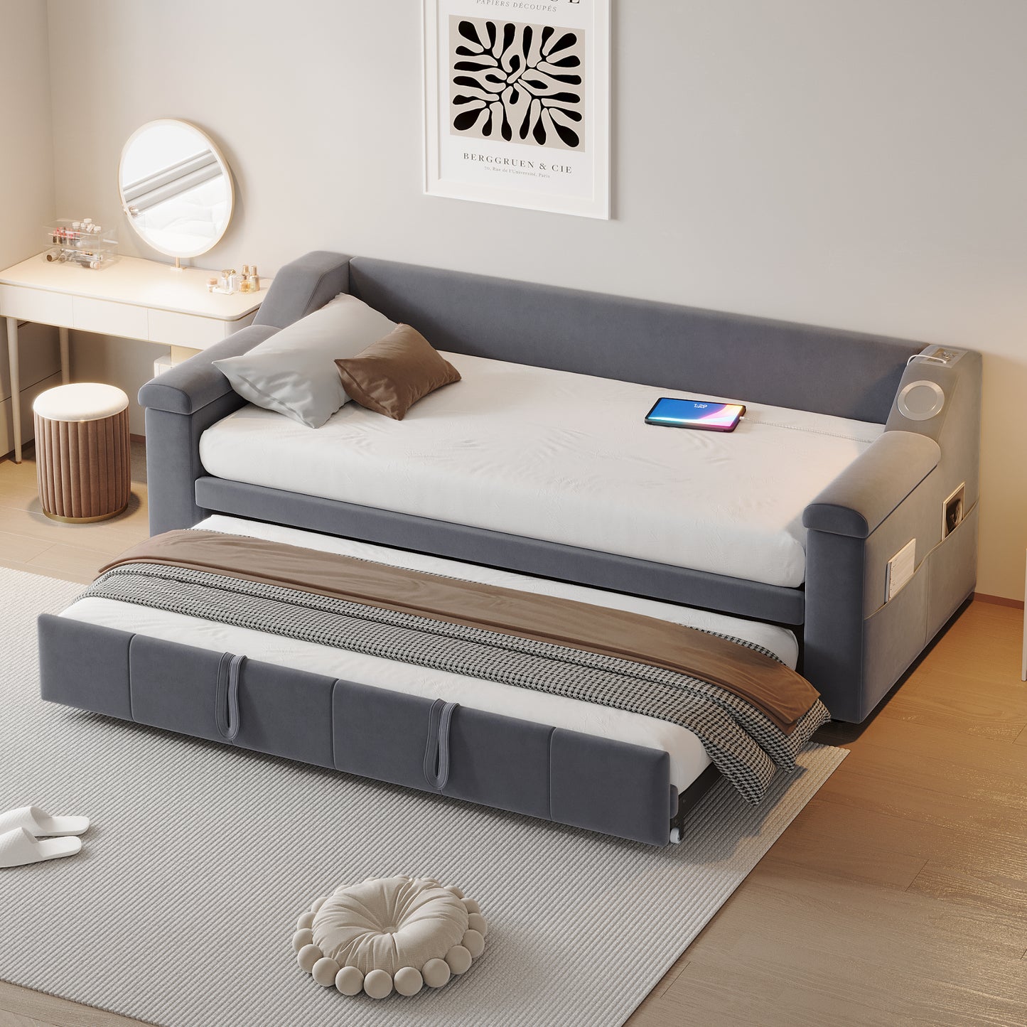 Upholstered Bed Sofa Bed, 90 180x190 Cm, Armrests Wider And Thicker, With Smart Bluetooth Stereo System With USB Charging Port, With Storage Compartments, With Slatted Base, Velvet Fabric, Grey
