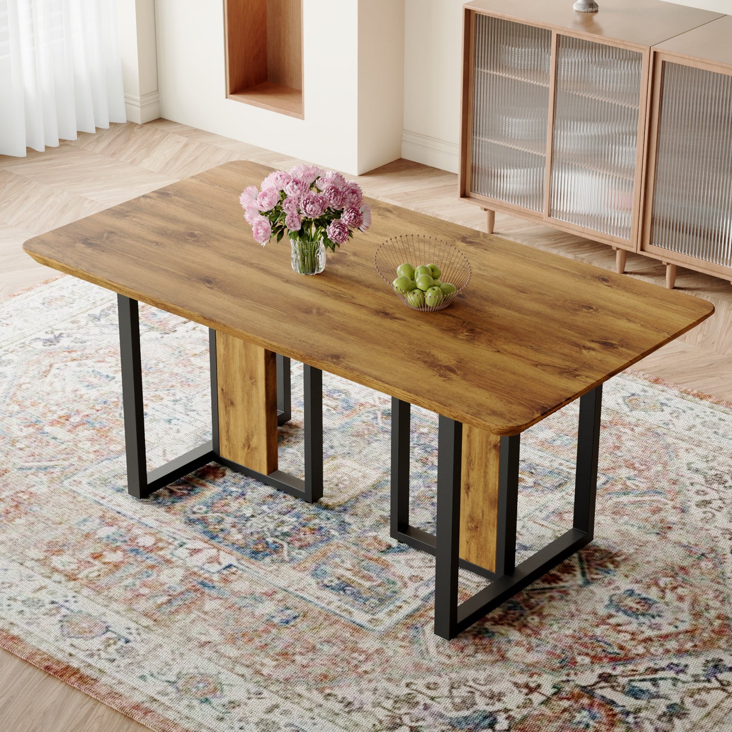 Modern Minimalism And Luxurious Wood Rectangular Patterned Dining Table. The Computer Desk. Dining Tables Are Used In The Dining Room, Living Room.67 X36 X30 Density Board Sticker,Iron Pipe Spraying,