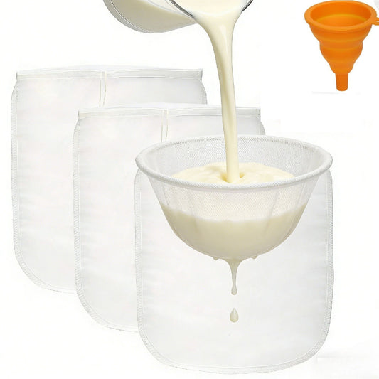 Set Of 3 Fine-Mesh Food Strainers, Nylon Cheese Cloths, And Folding Funnel—Versatile Kitchen Straining Accessories For Straining, Filtering, And Pouring Liquids—Party Decorations