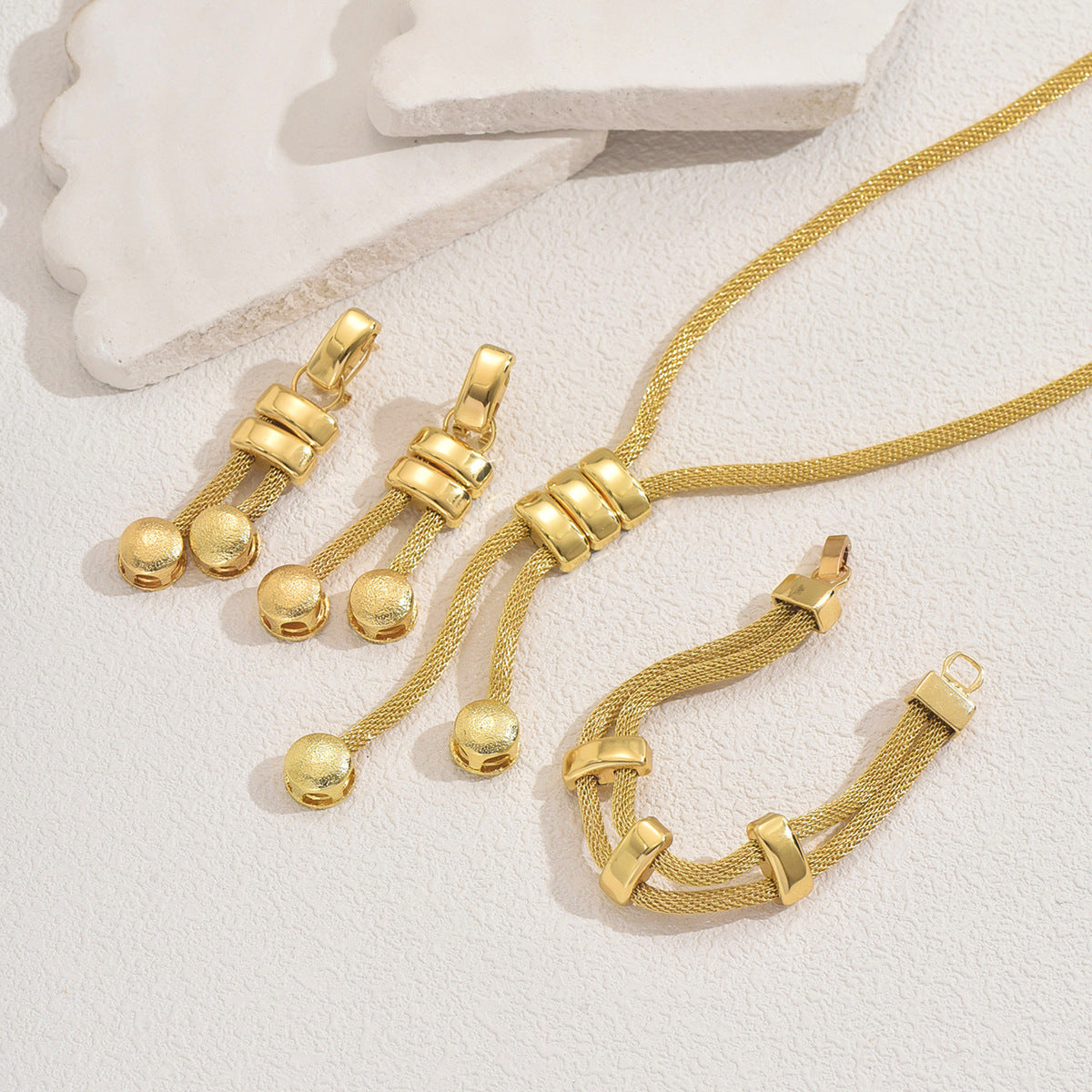 European American Cross-border Women Jewelry Set, 18K Gold Plated Long Geometric Tassel Necklace & Drop Earrings With Matching Niche Bracelet, Versatile Daily Accessories