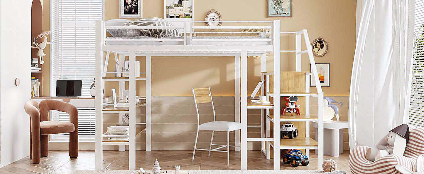 Loft Bed 140x200cm, Three-layer Storage Shelf, Desk, Wardrobe, Security Steps With Storage Compartment, High Fence Design, Iron Bed, Single Bed, White