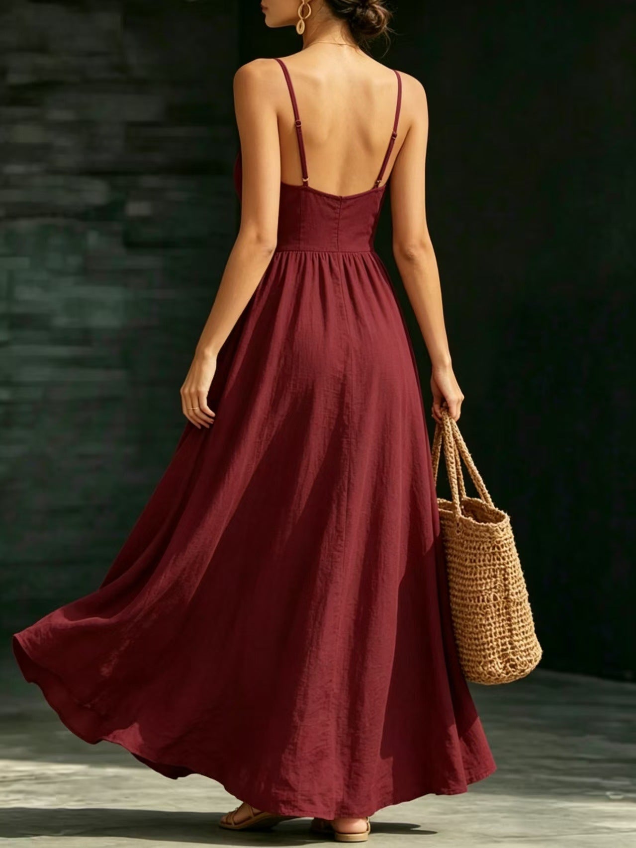 Summer V-Neck Spaghetti Strap Maxi Dress With Pockets - Elegant Vacation & Office Wear For Women