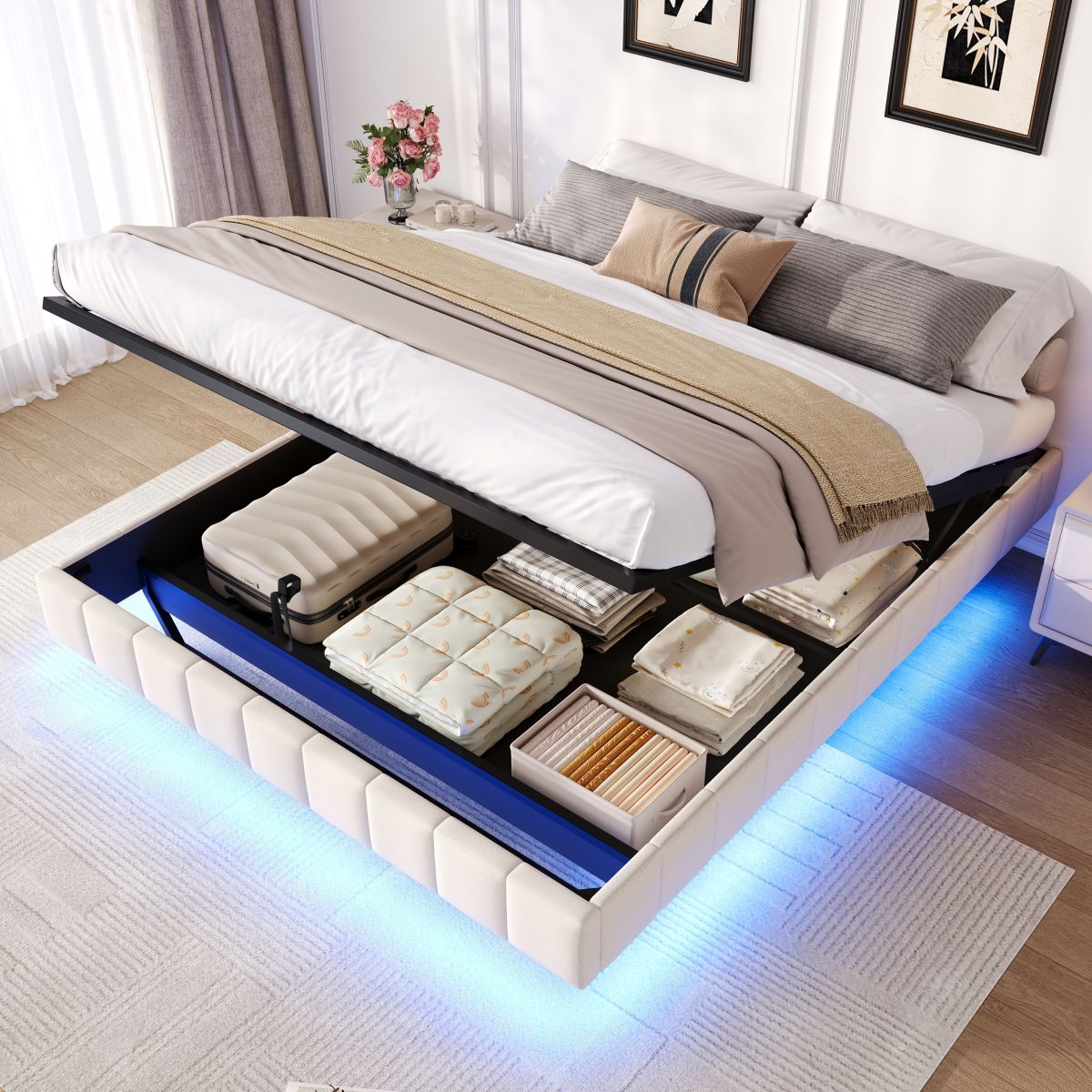 4ft6 Double Floating Bed Frame With Hydraulic Under-bed Storage & Smart RGB LED Lights, No Headboard Upholstered Bed With Concealed Anti-Collision Leg, Linen Fabric, Beige  No Mattress
