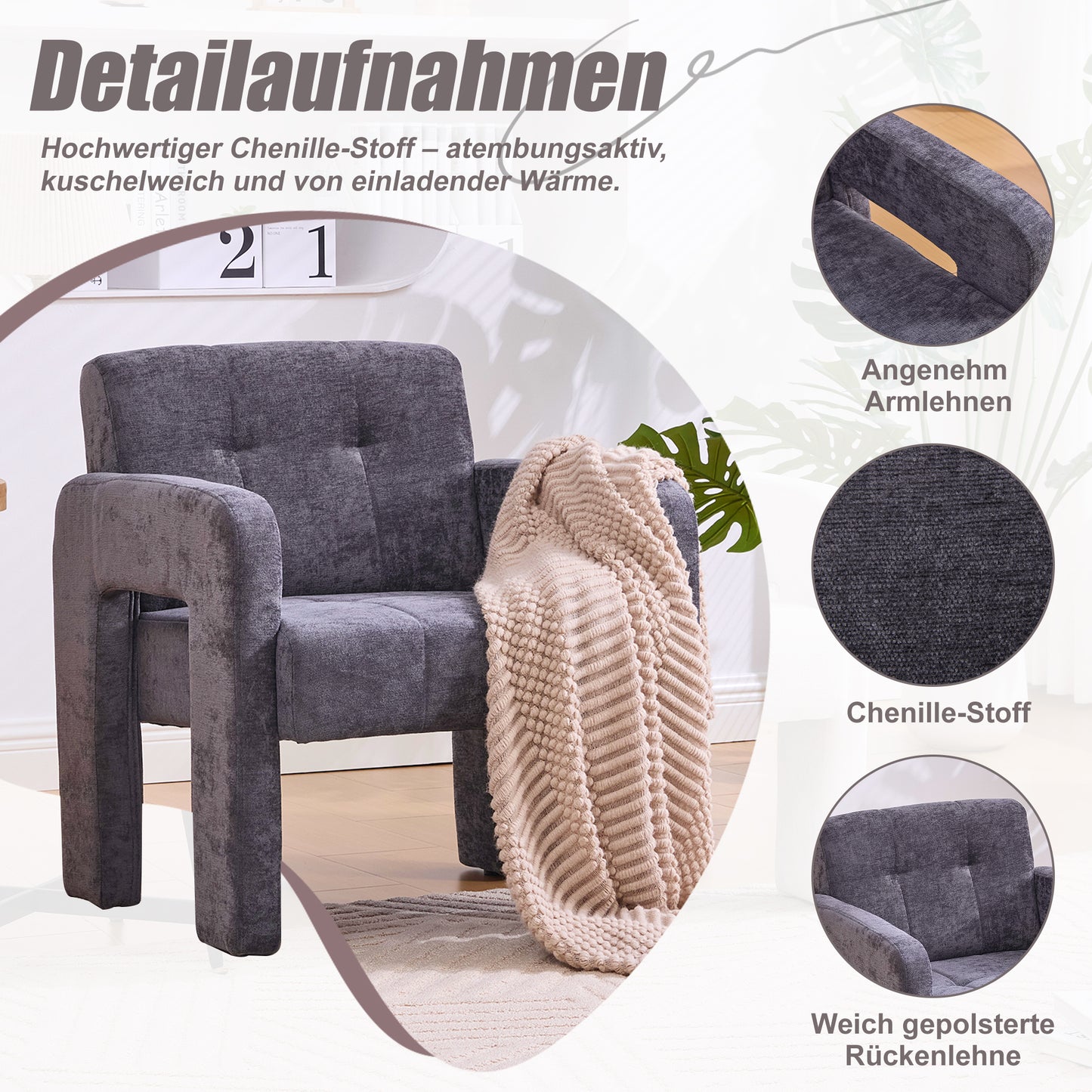 Modern Minimalist Casual Single Armchair Living Room, Bedroom, Office Area Upholstered Chair Comfortable Padded Armchair Nordic Style Casual Seating Grauer Chenille
