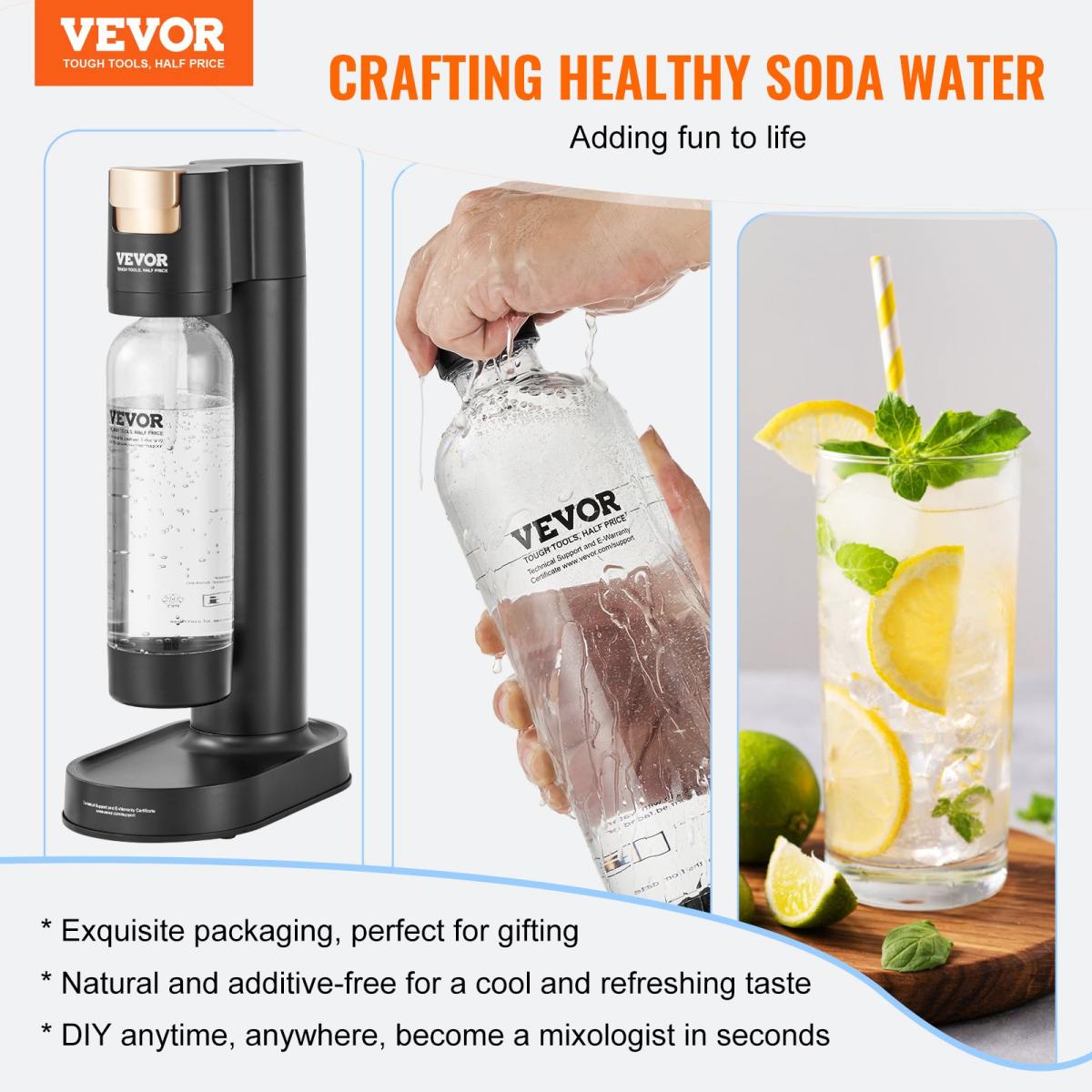 Sparkling Water Maker, Soda Maker Machine For Home Carbonating, Seltzer Water Starter Kit With BPA-free 1L PET Bottle, 2 CO2 Cylinders, Compatible With Mainstream Screw-in 60L CO2 Cylinder