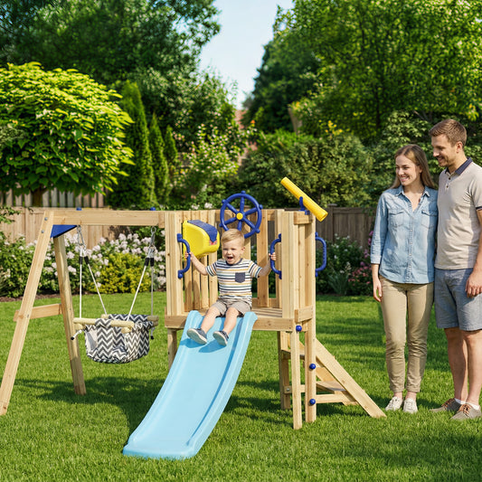 Swing Set For Backyard, Wooden Toddler Outdoor Playset With Baby Swing Seat, Kids Slide, Fort, Playground Equipment With Captain's Wheel, Telescope For Ages 1.5-4, Natural