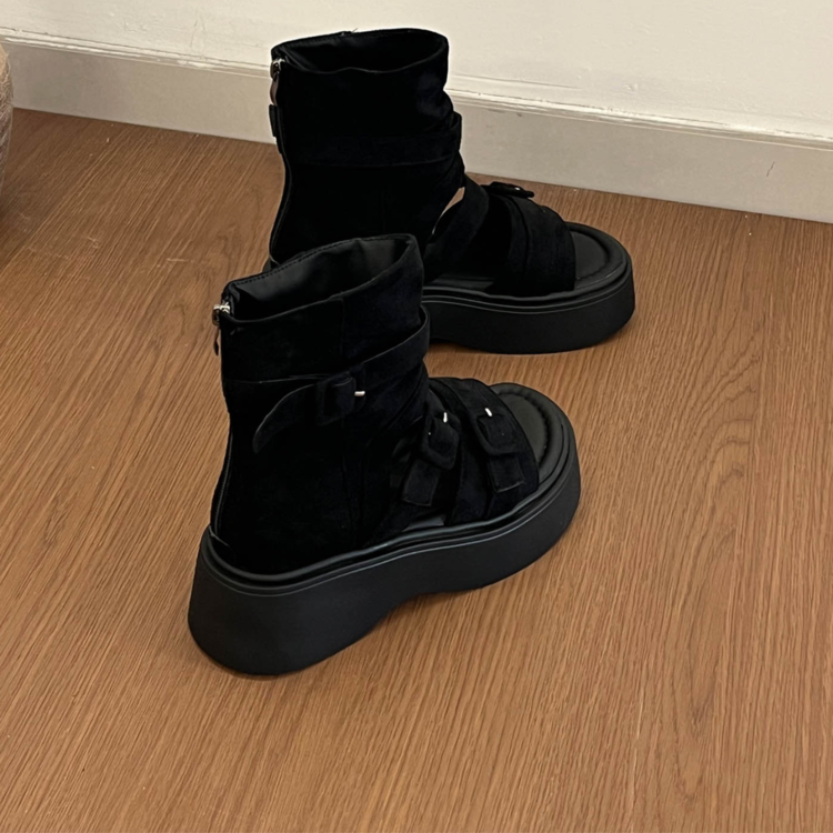 Retro Thick Soled Roman Cool Boots For Women's New Fashion Set, Toe High Top Sandals, Height Boosting Zipper Short Boots