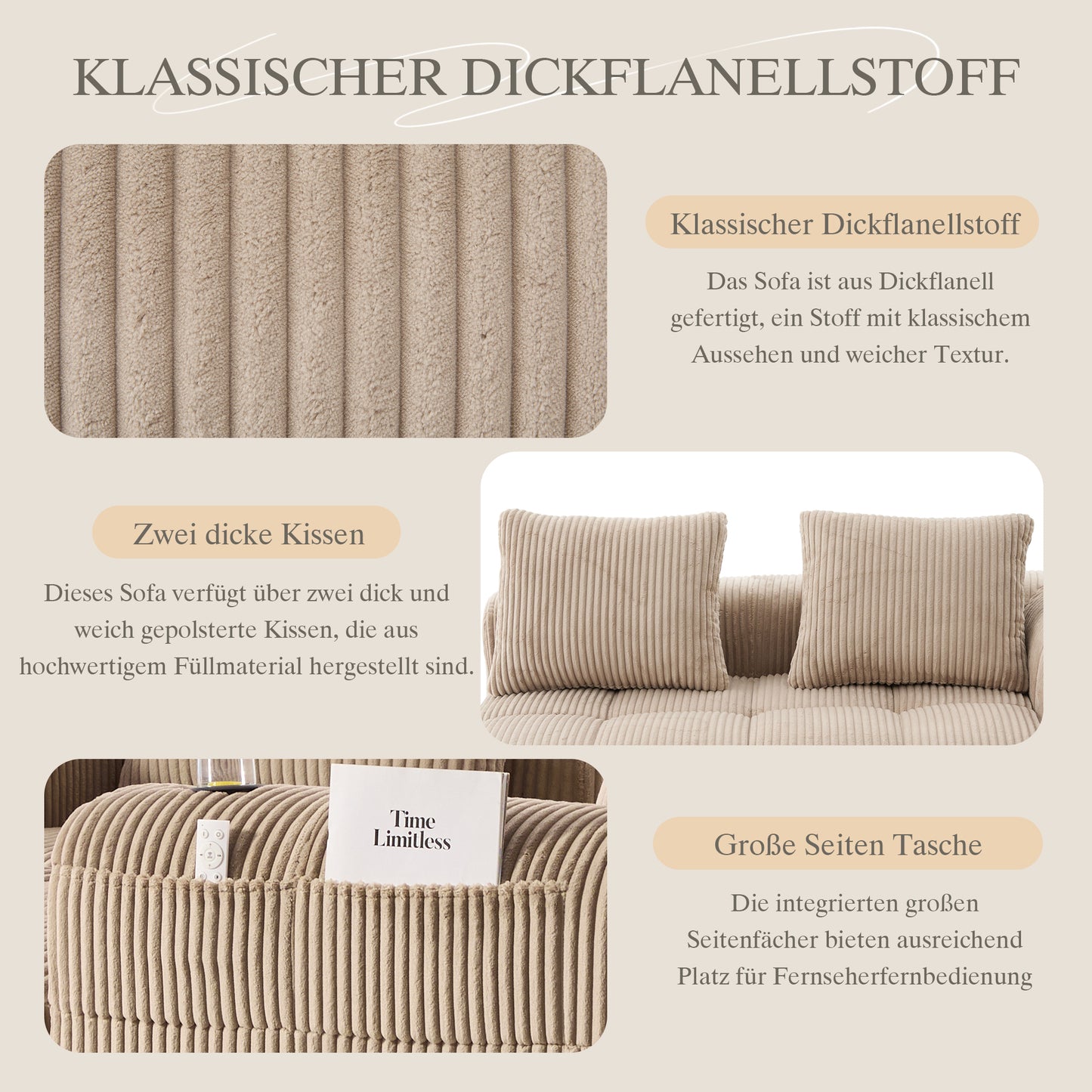 Cozy Corduroy Fabric Two-Seater Sofa  Without Assembly, Soft Back Cushions, Side Storage Pocket For Remote Control And Mobile Phone, Integrated Cup Holder  Neat And Aesthetic.