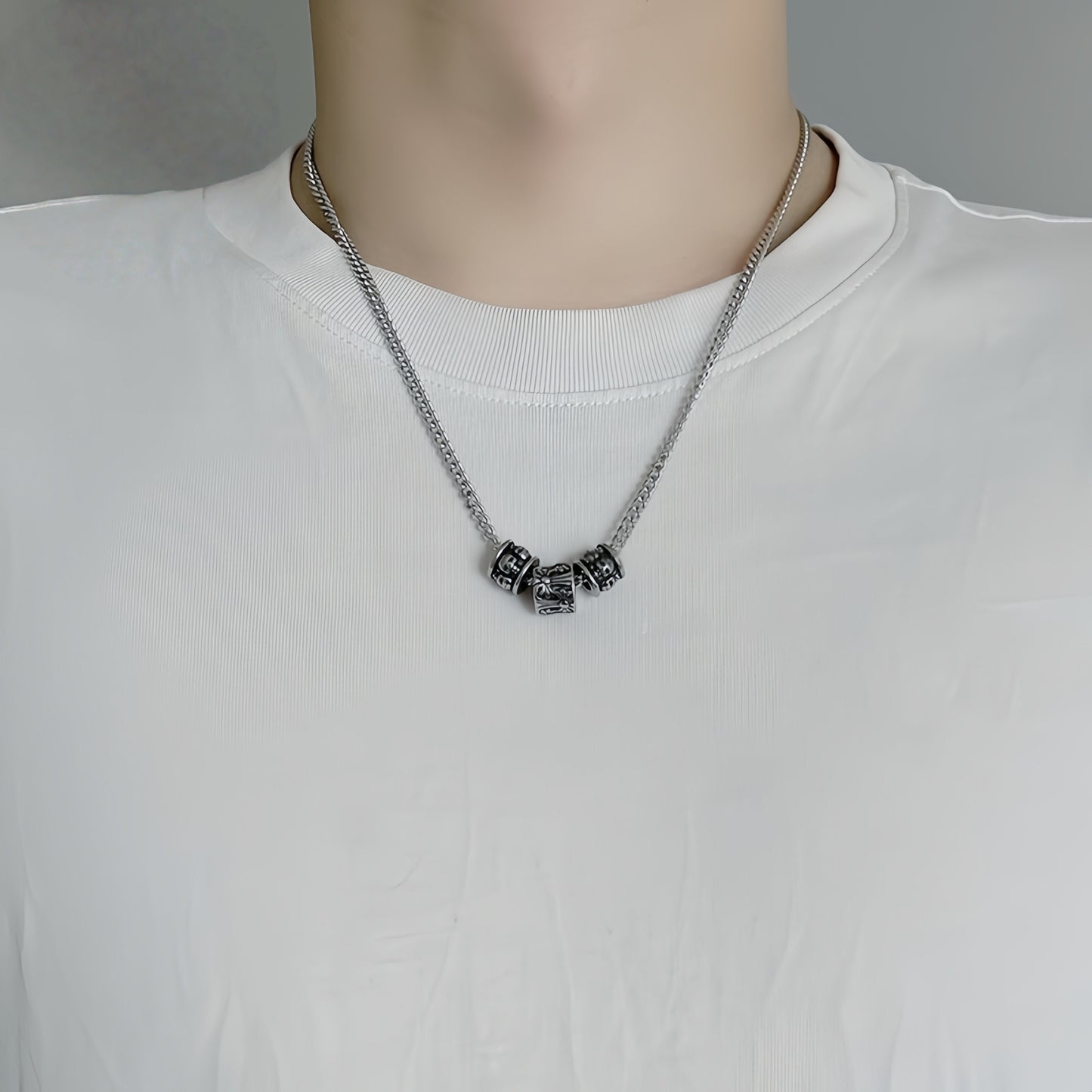 Gothic Vintage Carved Barrel Bead Necklace, Oxidized Silver Plated Biker Punk Pendant Gift For Him