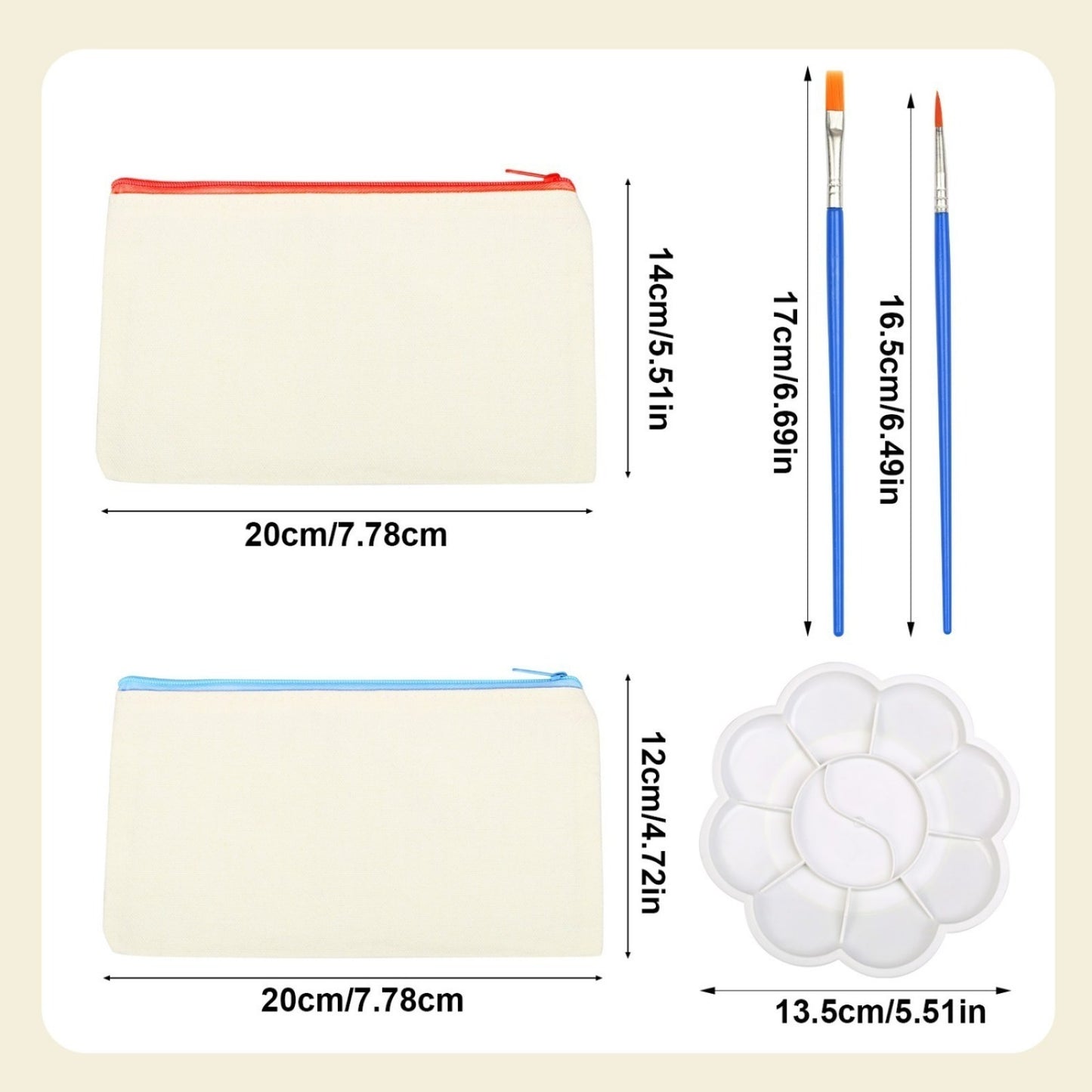 DIY Empty Pencil Case Set - 5 Pencil Cases, Paintbrushes, Palette For Creative Projects - Desk Labels