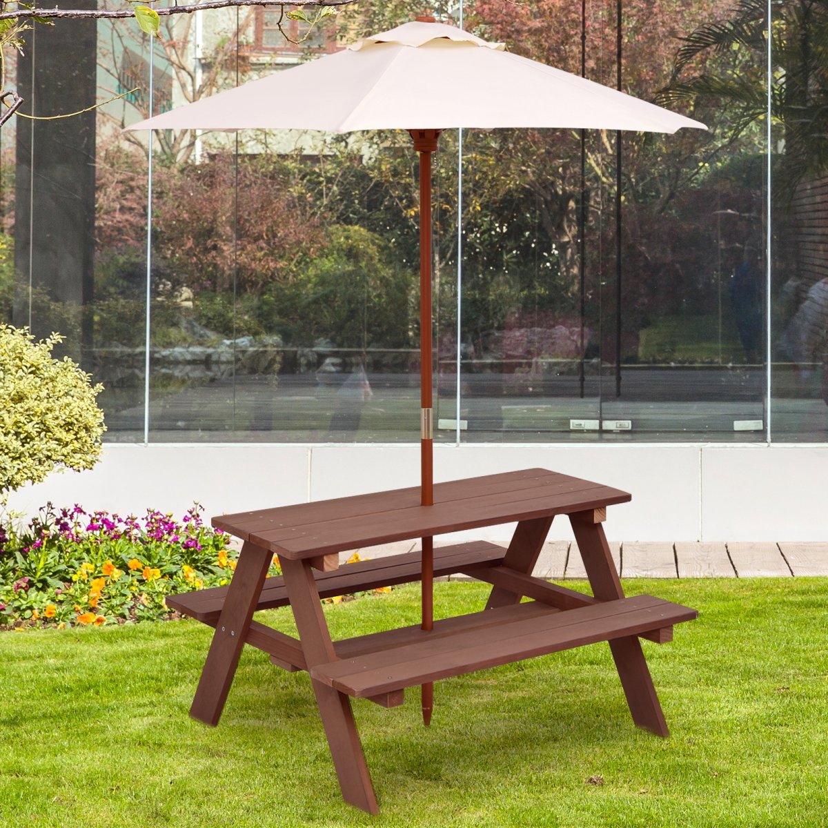 Outdoor 4-Seat Kid's Picnic Table Bench With Umbrella