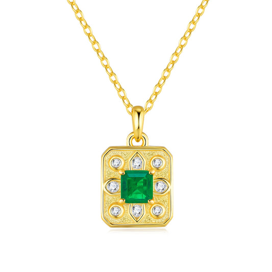 1.8g S925 Gold Plated Lab Grown Emerald Necklace For Women  Octagon Cut Vintage Pendant With Moissanite Accents, Dainty Jewelry Gift Box Set