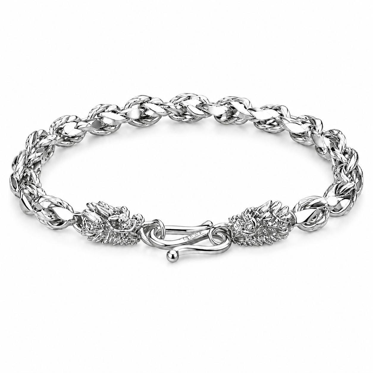 Double Dragon Head Braided Curb Link Bracelet For Men, Copper Plated Silver Vintage Chinese Lucky Dragon Toggle Clasp Biker Punk Wrist Jewelry Gift