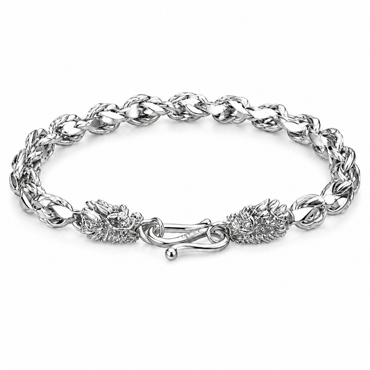Double Dragon Head Braided Curb Link Bracelet For Men, Copper Plated Silver Vintage Chinese Lucky Dragon Toggle Clasp Biker Punk Wrist Jewelry Gift