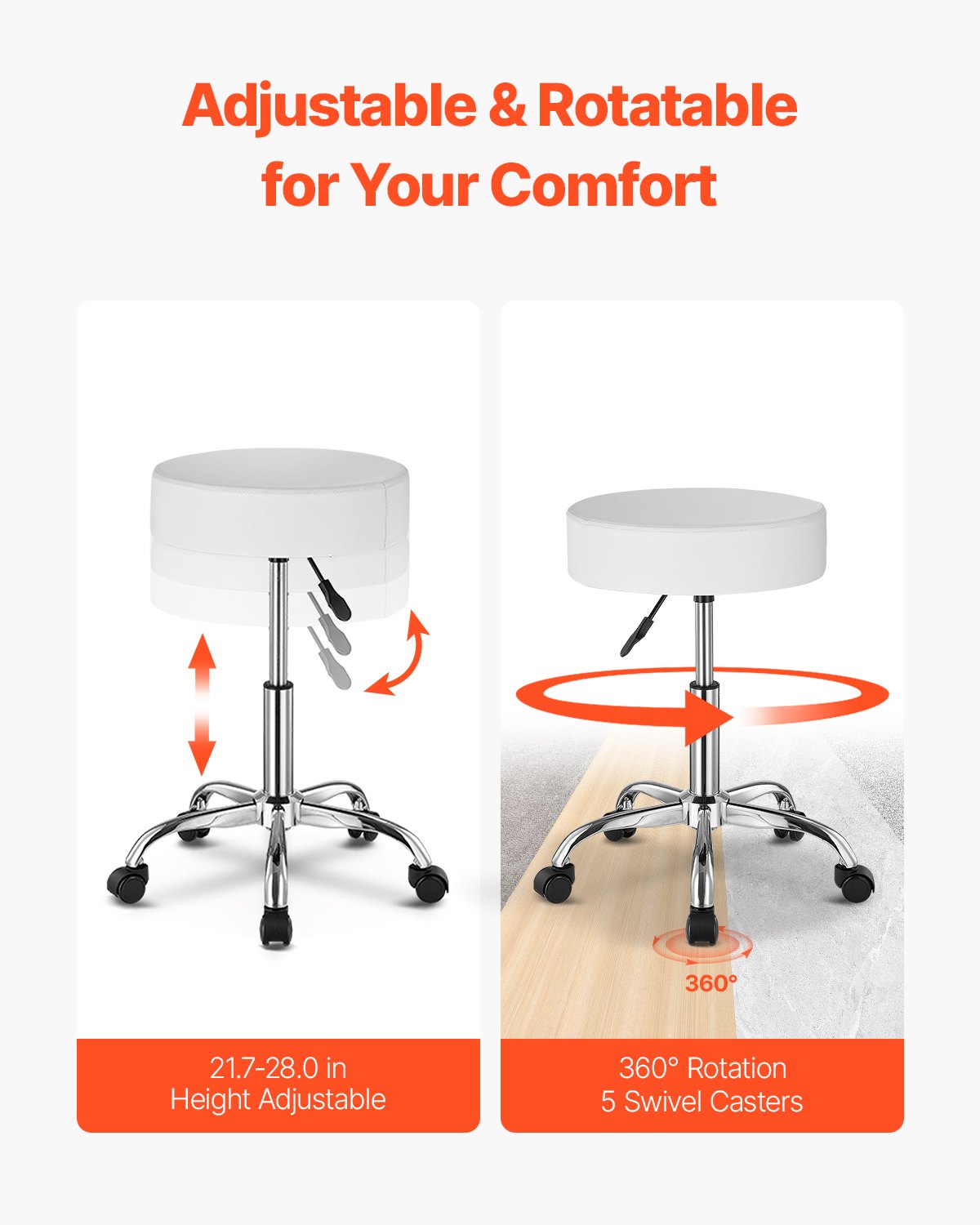 Rolling Stool With Wheels, 450 LBS Weight Capacity Round Rolling Stool Chair, Height Adjustable Thickened PU Leather Swivel Stool For Salon, Spa, Massage, Tattoo, Clinic, White