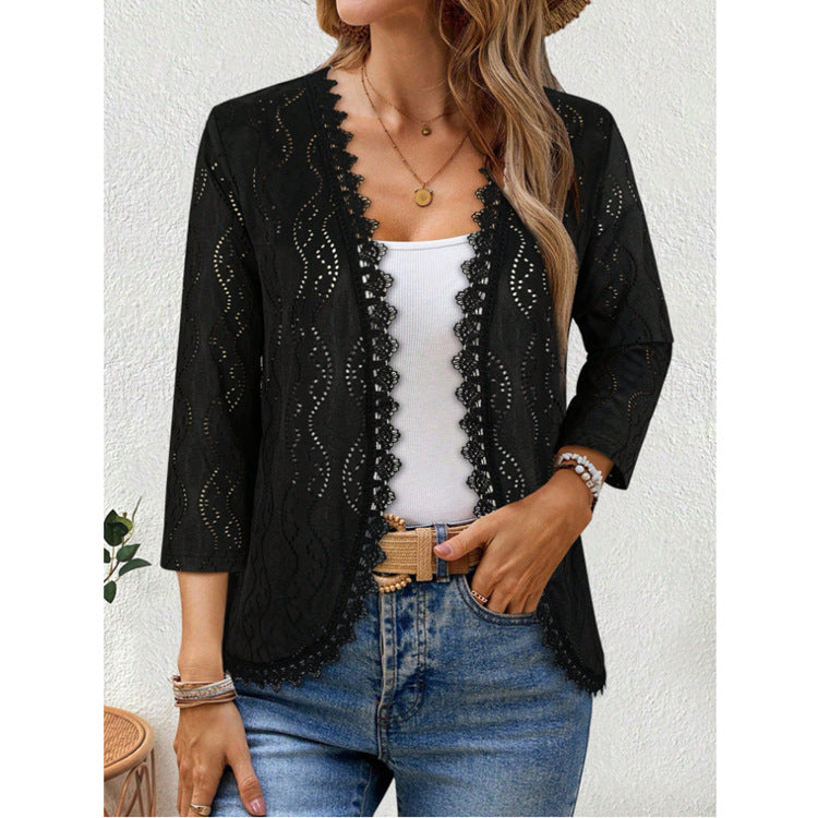 Womens Fashion Lace-spliced Long-sleeve Top