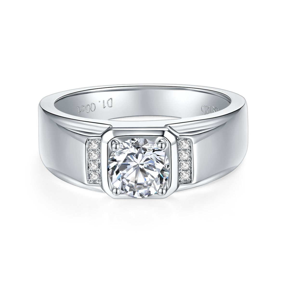 S925 Sterling Silver 1ct Moissanite Men's Ring, D-VVS1 Wide Band With Side Stones, Platinum Plated US Sizes 5-9, GRA Certified Gift Box