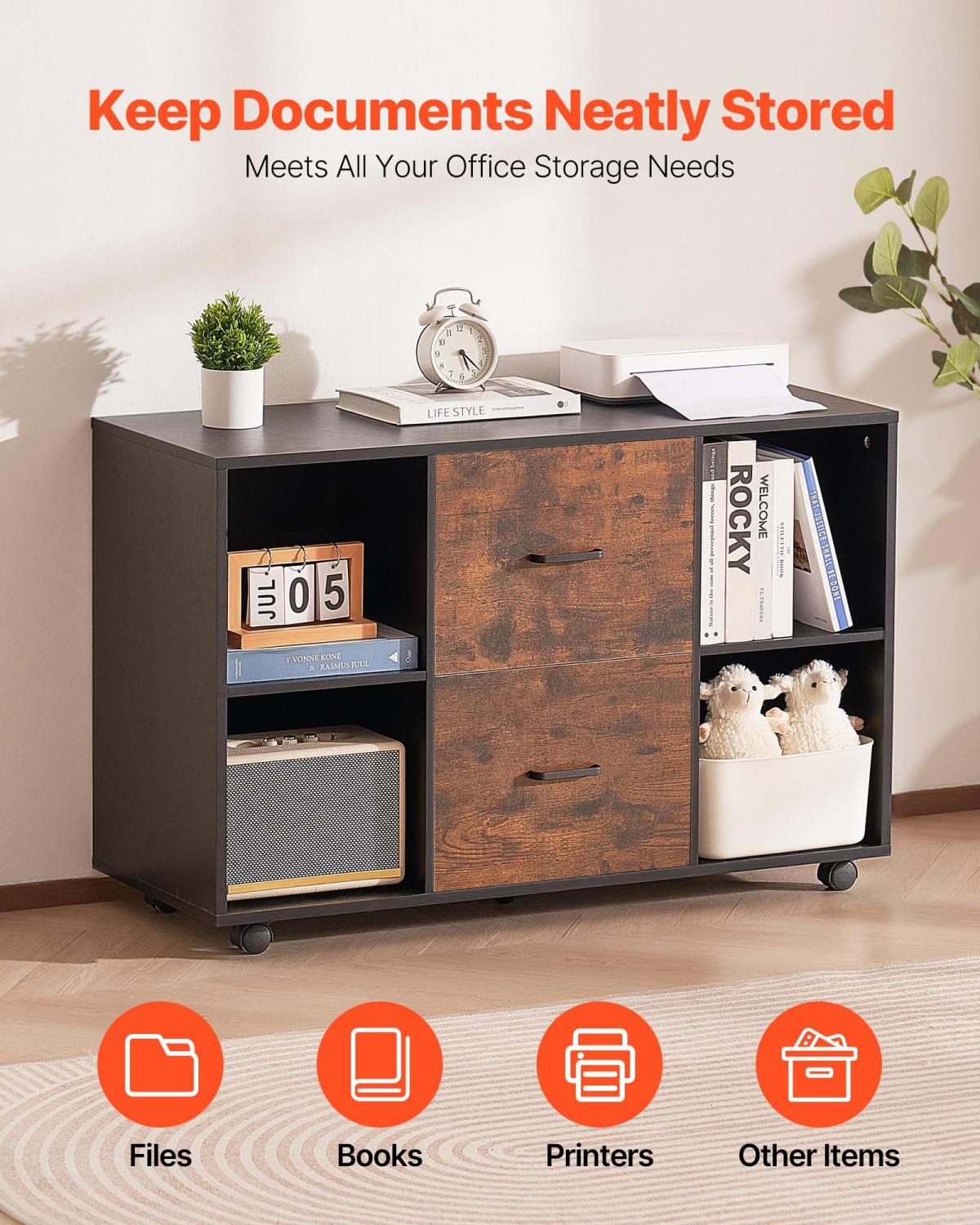 2 Drawer Wooden File Cabinet, Mobile Filing Cabinet With Open Shelves, Lateral Rolling File Storage With Lockable Wheels, Modern Free Standing Printer Stand For Home, Office, School, Black