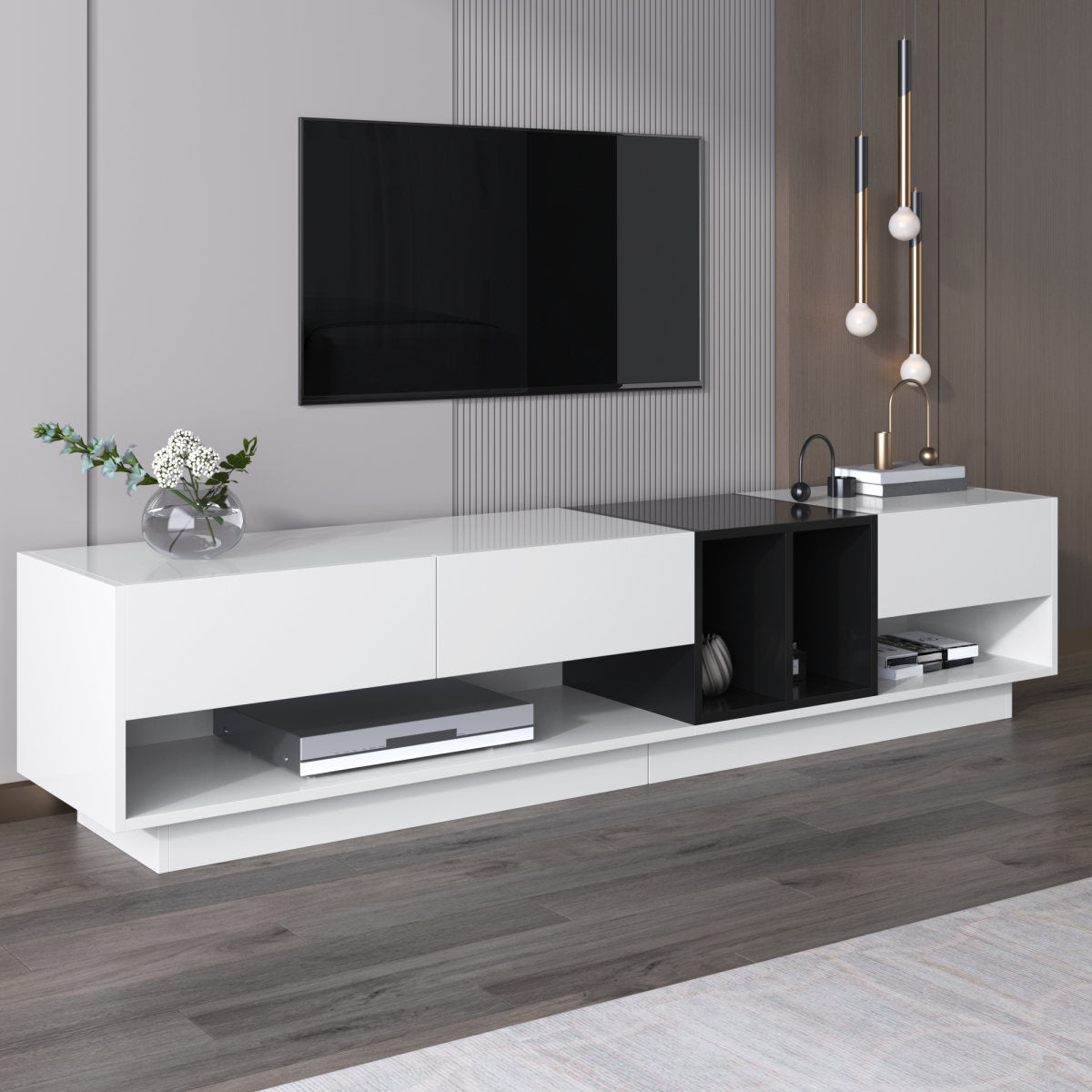 TV Cabinet Lowboard Combination In High-gloss White And Black. Color-block Design Featuring Drawers, Compartments, And Multiple Storage Spaces.