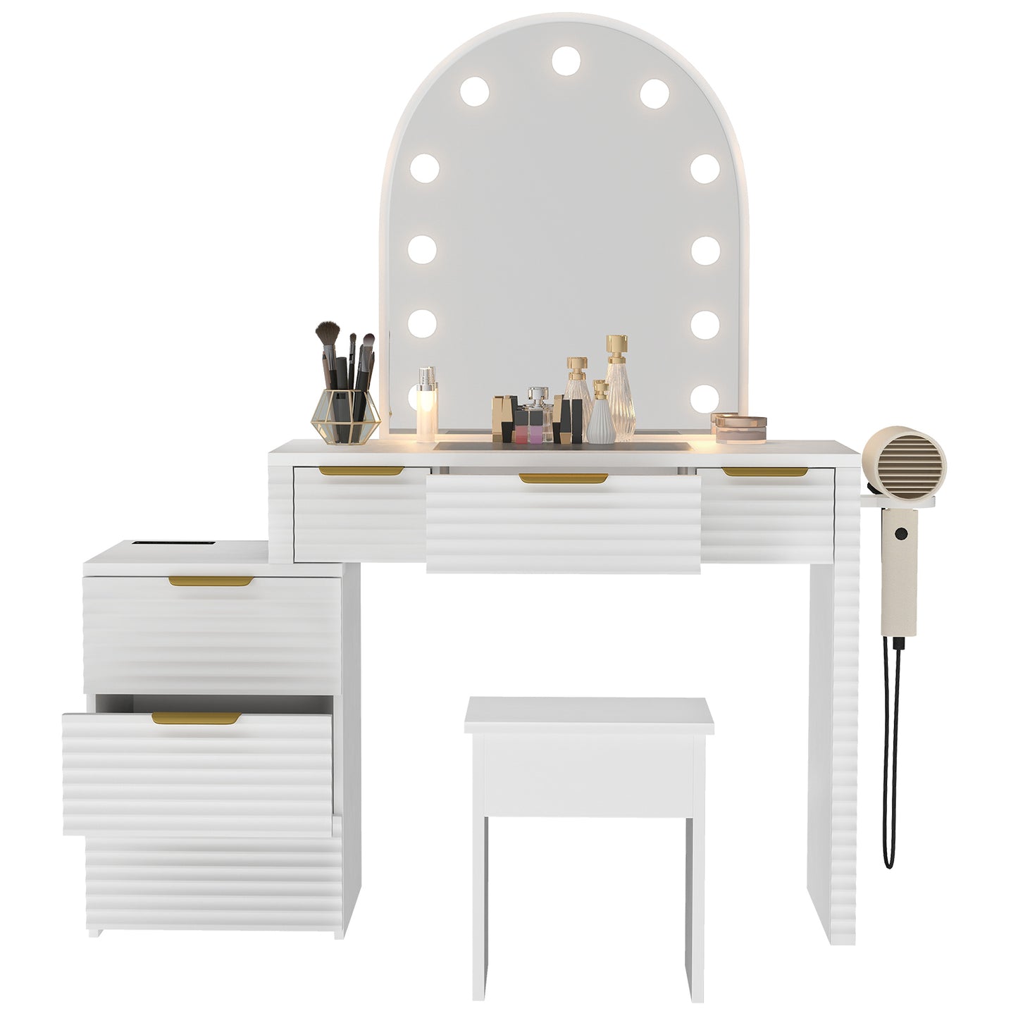 Makeup Vanity Desk With Mirror Lights Glass Tabletop 3 Lighting Modes Adjustable Vanity Table Modern Makeup Desk With Chair Power Outlet And 6 Drawers For Bedroom