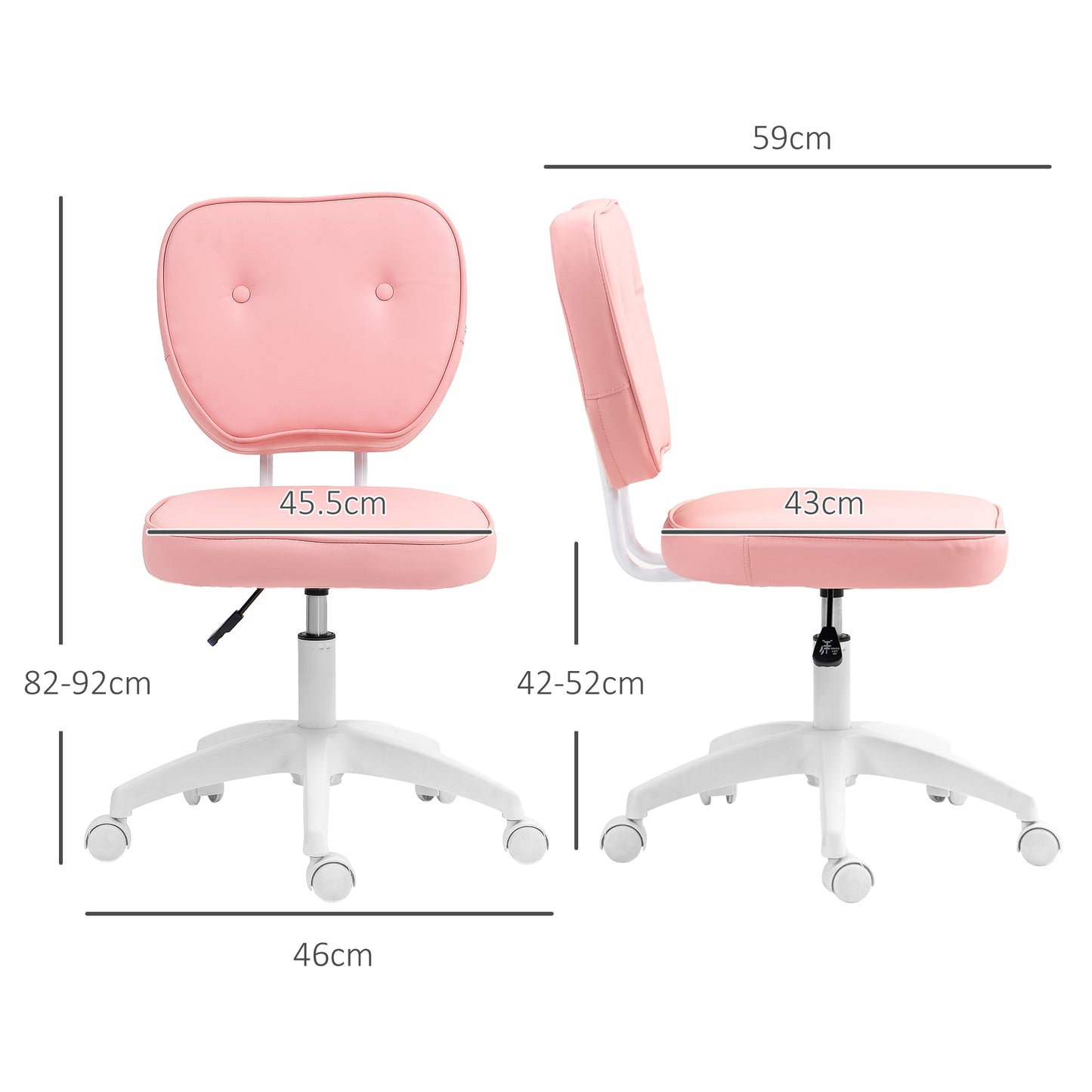 Vinsetto Vanity Office Chair, PU Leather Computer Chair For Home, With Adjustable Height, Armless, Swivel Wheels, Pink