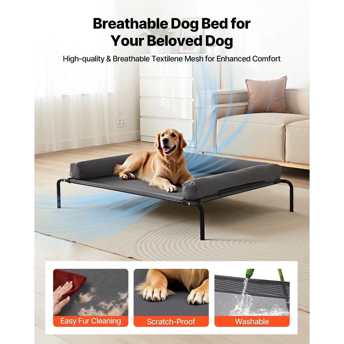 Elevated Dog Bed For Large Dogs XL, Raised Dog Bed Cot With Washable Pillow, Indoor & Outdoor Cooling Dog Bed Hammock, Heavy Duty Steel Frame Dog Bed With Breathable Teslin Mesh, Grey
