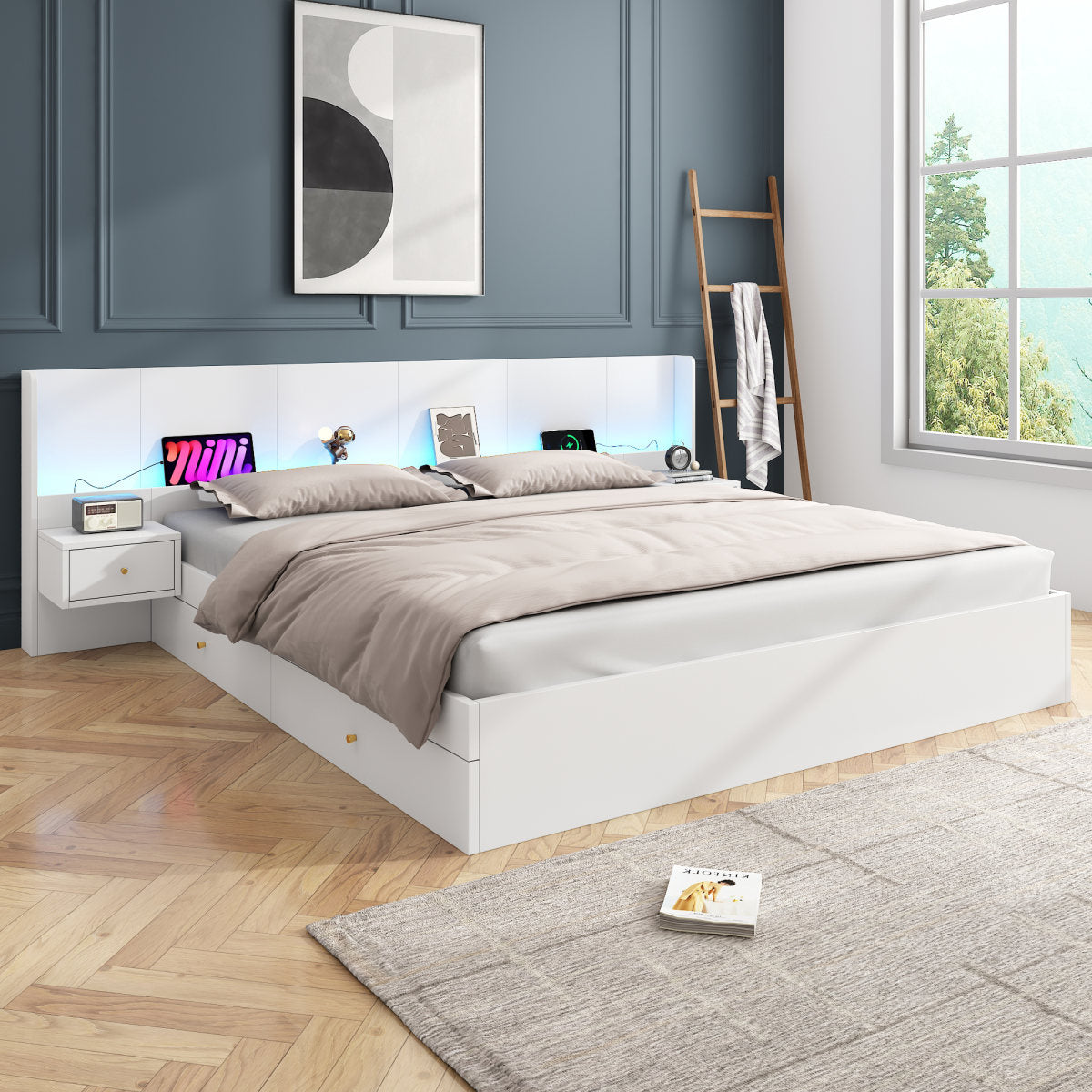 Double Bed 180X200cm, Double Bed, Wooden Bed, Youth Bed, With USB Interface, With LED Lighting And Socket, Controllable By Mobile APP, 2 Bedside Tables, With Drawer Shelf, Without Mattress, White