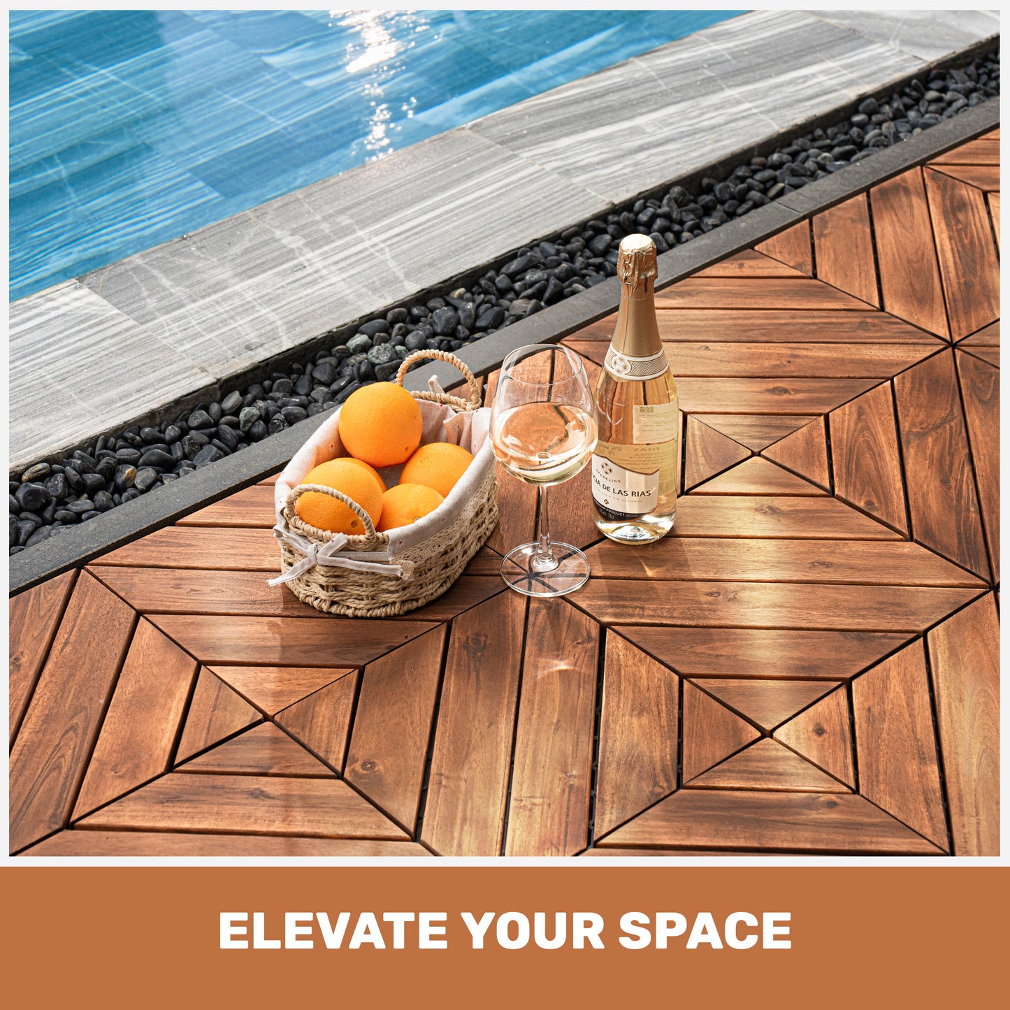 10 PCS Interlocking Deck Tiles Diagonal Pattern, 12  X 12  Acacia Wood Tiles For Patio, Waterproof, All-Weather, Outdoor Decking For Garden, Pool, Balcony,...