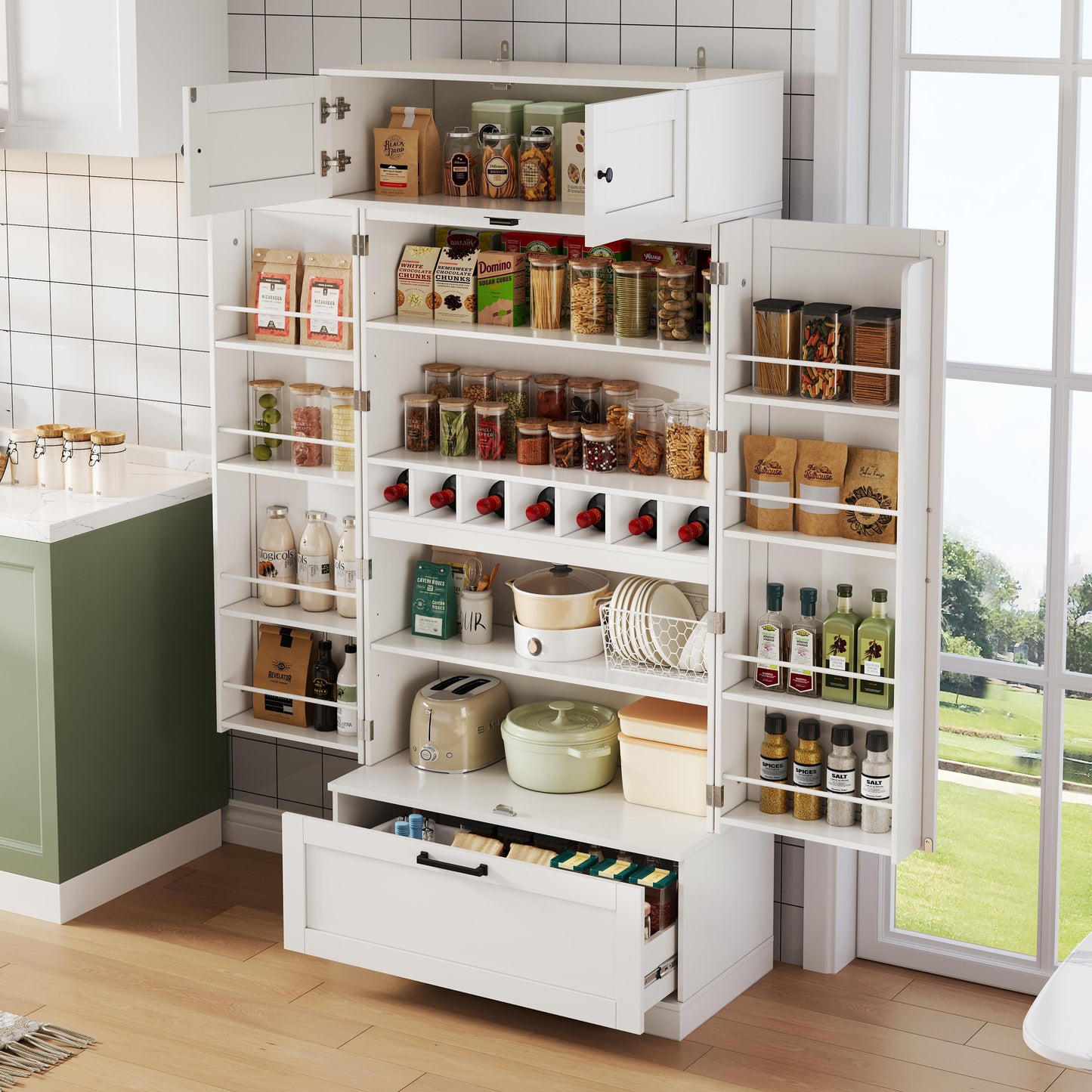 80x40x180cm Large, Freestanding Kitchen Storage Cabinet ,  Pantry With Adjustable Shelves, Drawers, Wine Rack, And Doors With Shelves, For Kitchen Dining Room Living Rom