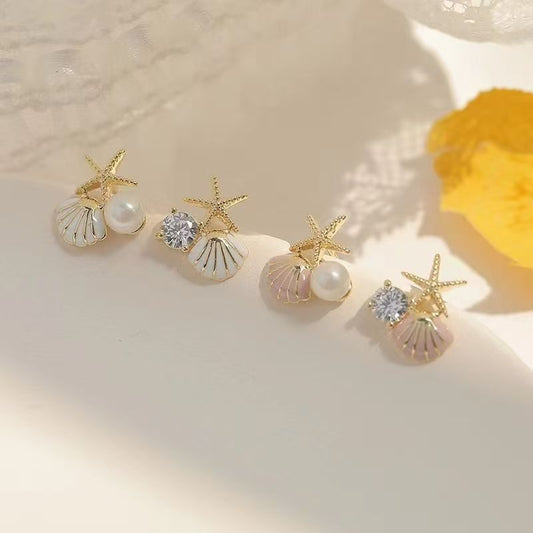 New Arrival Starfish & Shell Stud Earrings, Simple High-End Sweet Tiny Faux Pearl Design Exquisite Elegant Versatile Women's Ear Jewelry