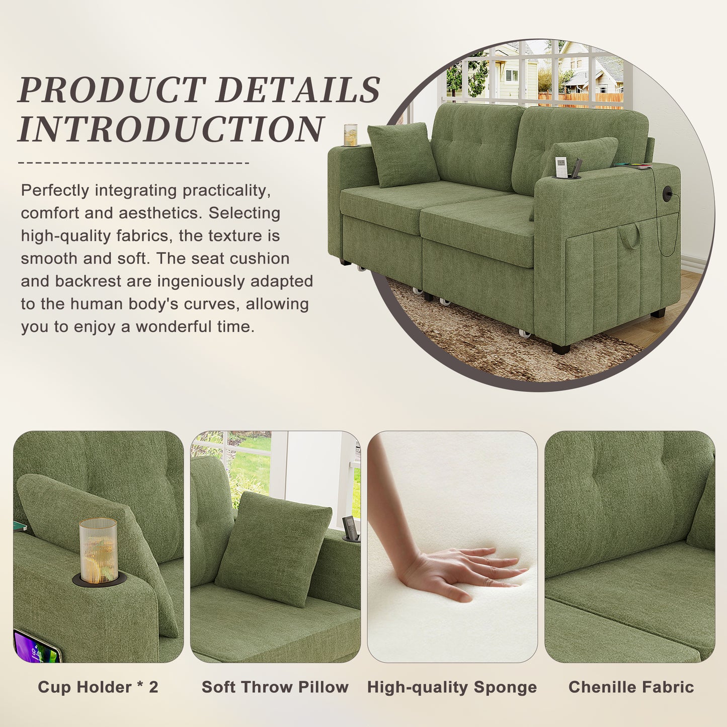 Sofas For Living Room, Couch Set,3 Seats Sofa, USB Charging,Wood Frame,Easy To Install,with Storage, Charging Station,Cup Holder,Modern Sectional Sofas For Living Room, Apartment,Chenille Fabric