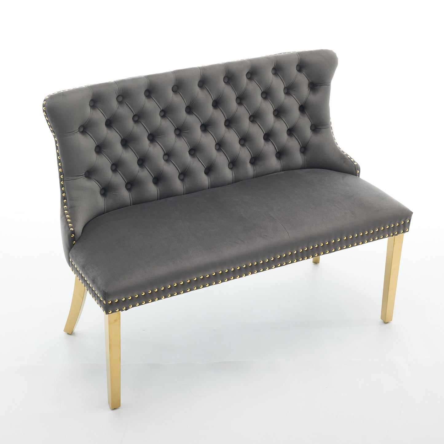 Velvet Double Dining Loveseat Bench, Kitchen & Dining Seating, 2-Seat Tufted Bench W Handmade Buttons, Wing Back, Gold-Plated Steel Legs, Mid Century Modern,Single Pack,Gray,SW1602GY
