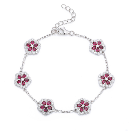 S925 Sterling Silver Red Lab-Grown Gemstone Flower Bracelet 16cm Platinum Plated With D Color VVS1 Moissanite GRA Certified Gift Box