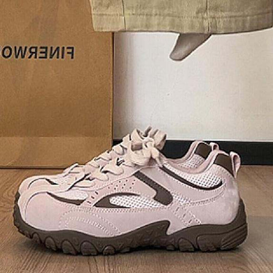 Women Gorpcore Vintage Mesh Suede Spliced Hiking Sneakers, Breathable Hollow Mesh Low Top Lace Up Rugged Lug Rubber Sole Outdoor Casual Walking Trainers
