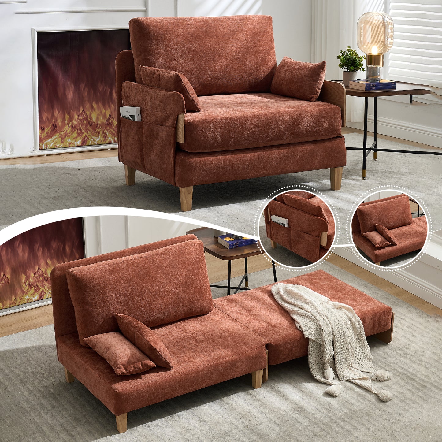 Foldable Sofa Bed Recliner, 3-in-1 Convertible Sleeper, Mid-century Modern Decor, Suitable For Small Spaces, With Three Pillows, Can Be Placed In The Bedroom Study Room Guest