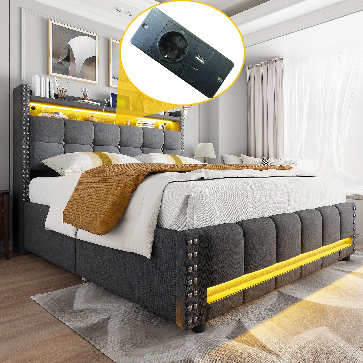 Upholstered Bed 160x200 Cm With LED Lighting And USB Socket, Headboard With Shelves And Storage Space With 4 Drawers, Double Bed For Adults, Linen Fabric Grey