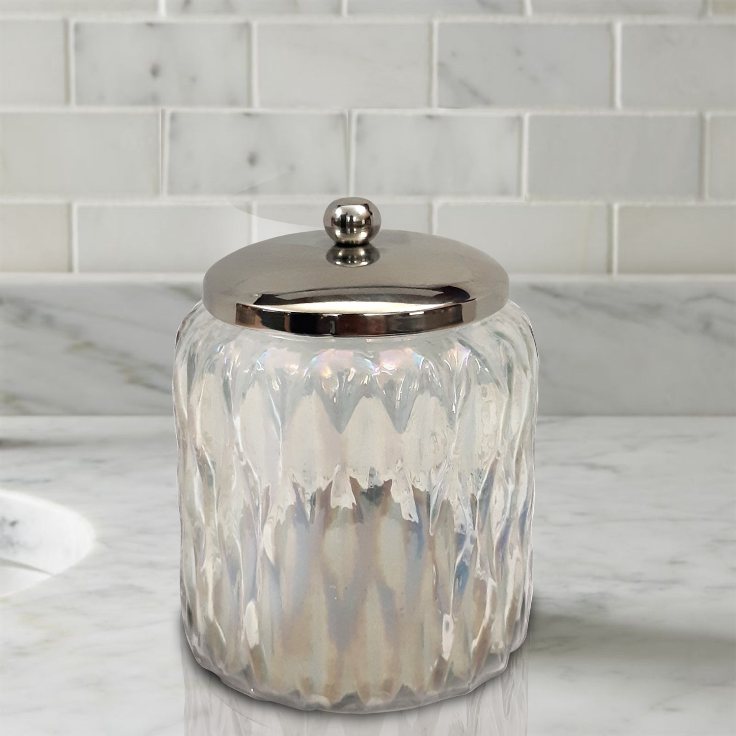 Glacier Vanity Glass Jar  Stylish Storage For Cotton Swabs,Rounds,Balls,Sponges & Bath Salts  Decorative Canister For Bathroom, Bedroom Lustre Finish