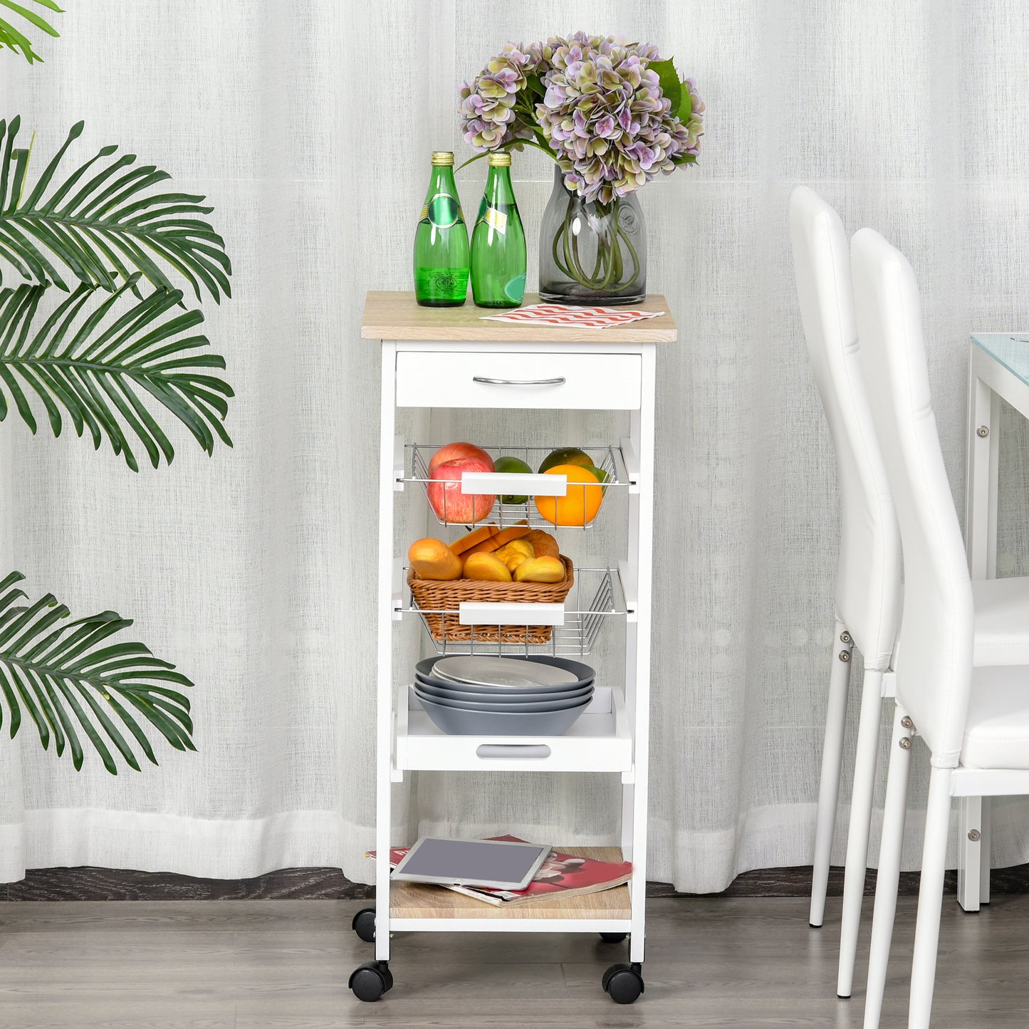 Mobile Rolling Kitchen Island Trolley For Home W Metal Baskets Trays Shelves Wheels Compact Stylish Storage White