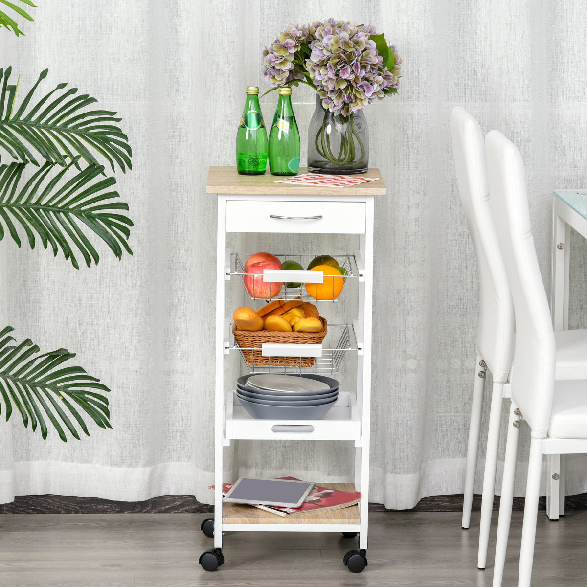 Mobile Rolling Kitchen Island Trolley For Home W Metal Baskets Trays Shelves Wheels Compact Stylish Storage White