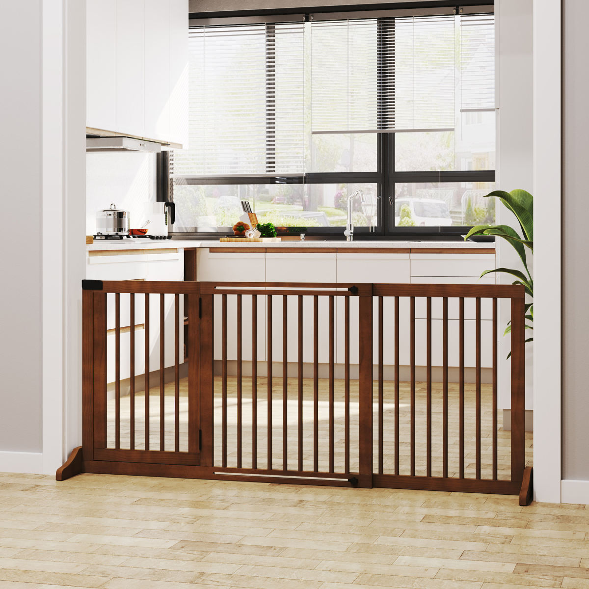 Freestanding Length Adjustable Wooden Pet Gate With Lockable Door 3 Panels, Brown